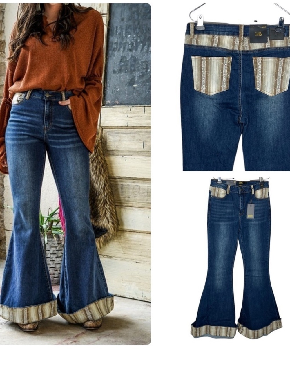 Lucky & Blessed Women'sBrown Aztec Print Cuffed Dark Wash Denim Flare Jeans